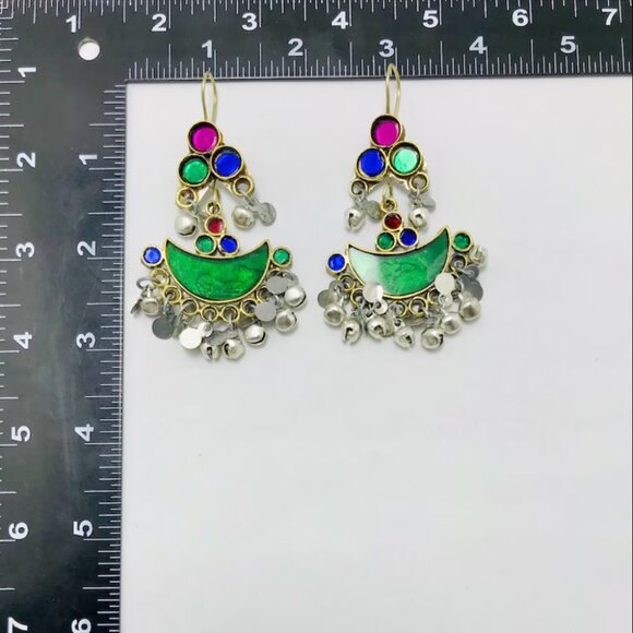 Multicolor Glass Stones Silver Earrings, AfghanTraditional Earrings,Light Weight - Picture 4 of 13